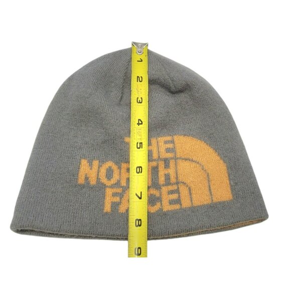 The North Face Beanie Hat Wool Blend Orange Grey Knit Logo Spell Out Winter Cap - Picture 9 of 9